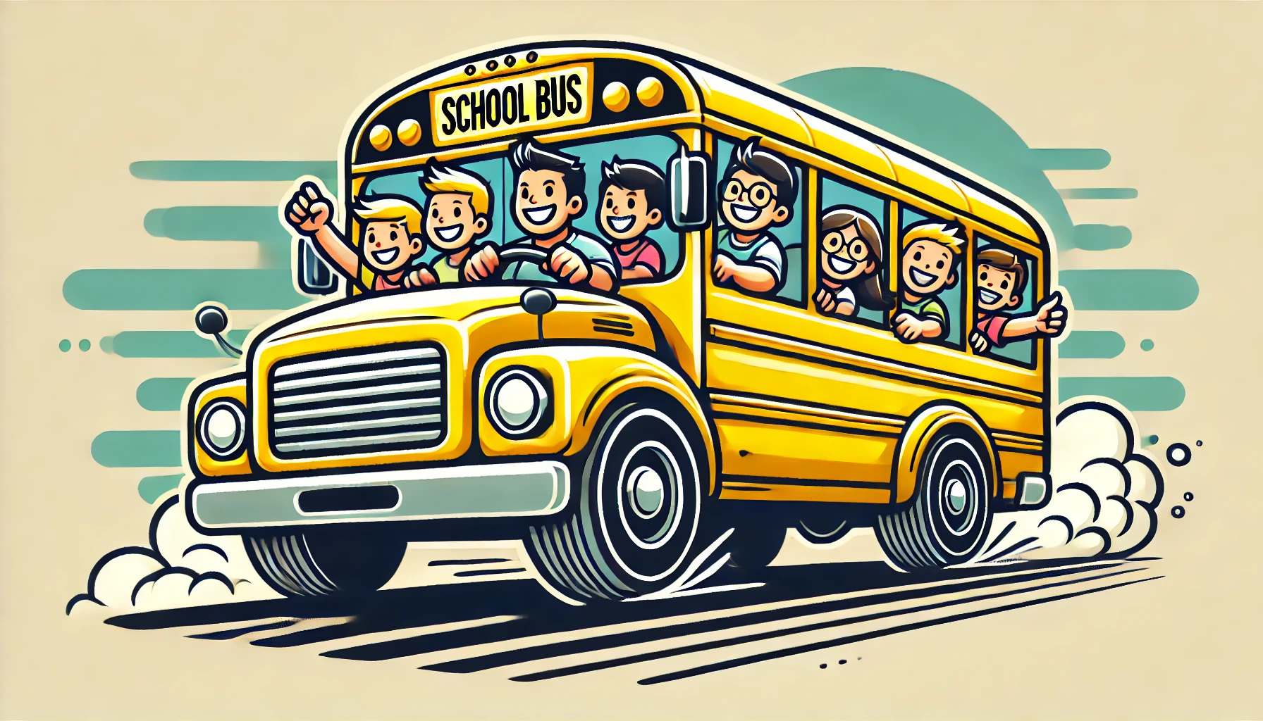 DALL·E 2024-11-18 16.13.24 - An illustration of a cheerful yellow school bus in cartoon style, driving with smiling children visible through the windows and a happy driver at the .webp