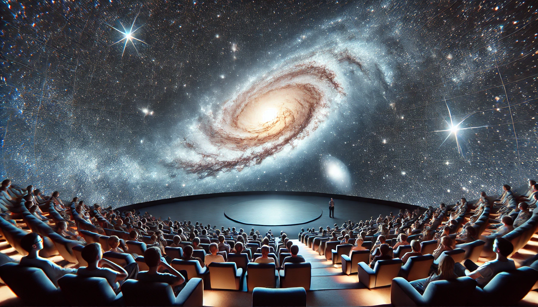 DALL·E 2024-12-05 17.26.16 - An immersive scene inside a modern planetarium, featuring a giant dome projecting a highly realistic and detailed image of space. The projection showc.webp